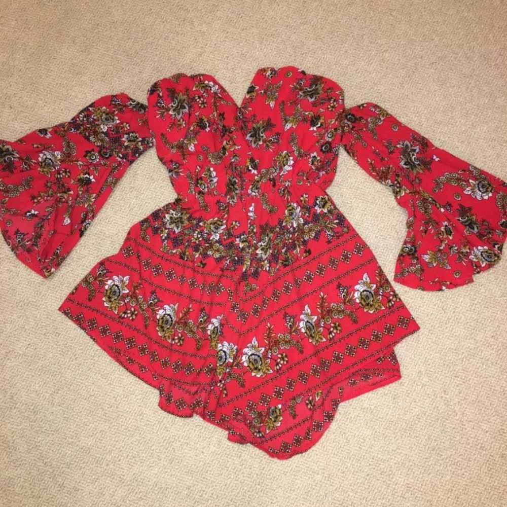 Red bell sleeve off the shoulder romper